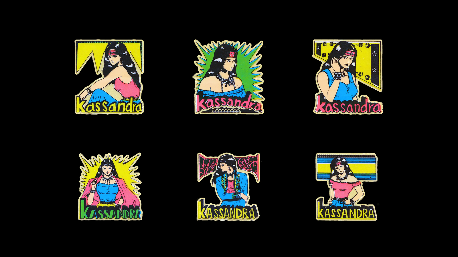 A set of six stickers featuring the titular character from the Venezuelan telenovela Kassandra, which reached Indonesian audiences in the 1990s and became part of the country’s pop culture sticker scene. Collection of Grafis Nusantara.