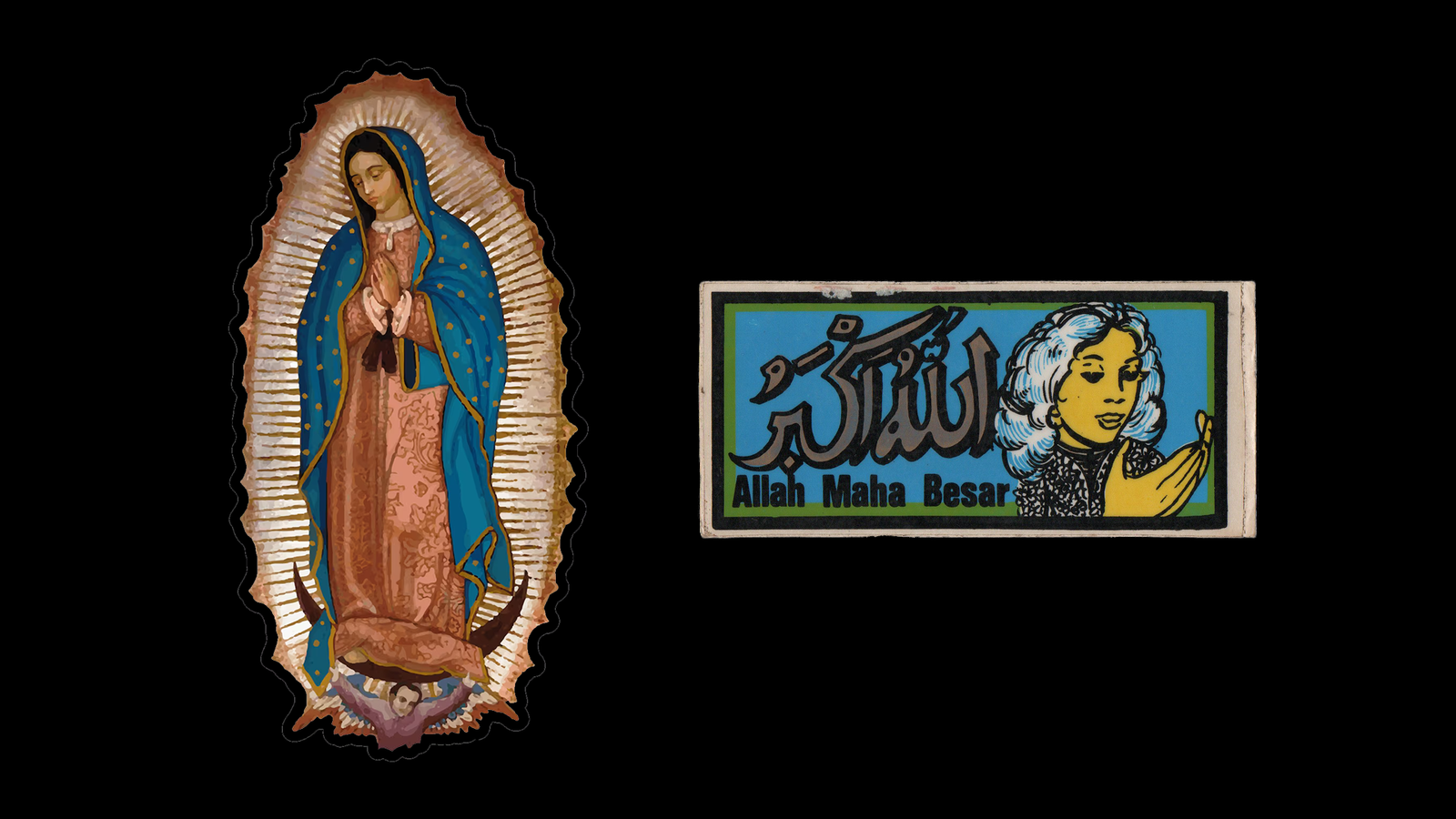 Left: Sticker of Nuestra Señora de Guadalupe. Right: Sticker of a praying woman with Arabic text reading Allahu Akbar (“Allah is the Greatest”) alongside its Indonesian translation. Collection of Grafis Nusantara..