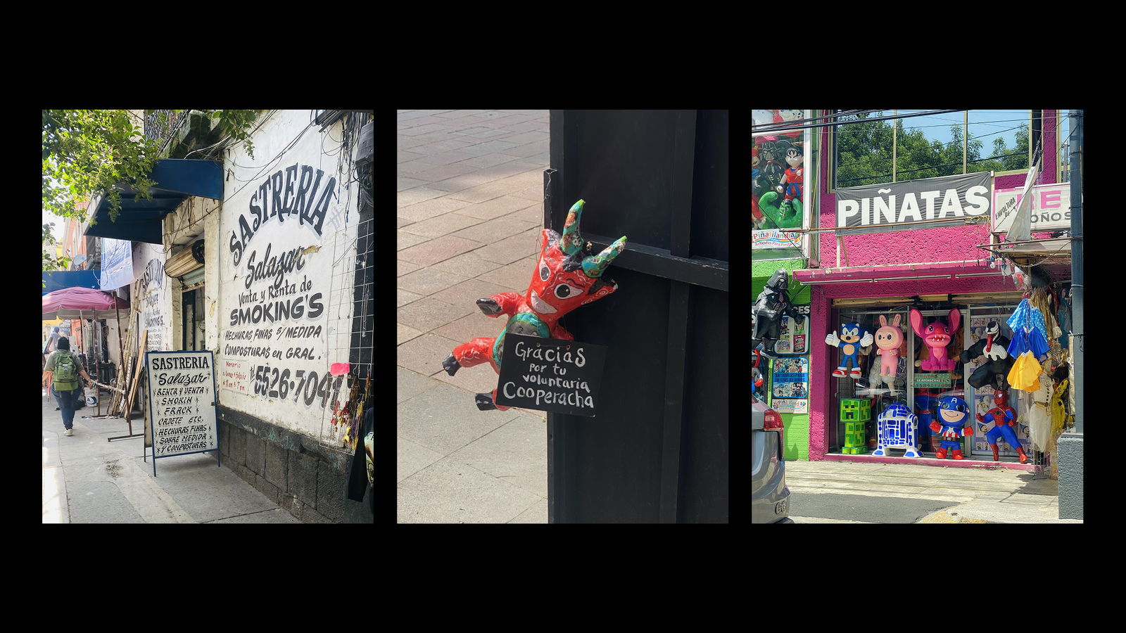 From the streets of Mexico City: a hand-painted tailor shop sign, a cheeky devil figure asking for tips, and a vibrant piñata shop bursting with colour and pop culture icons. Everyday visuals like these capture the energy and character of the city’s vernacular design.