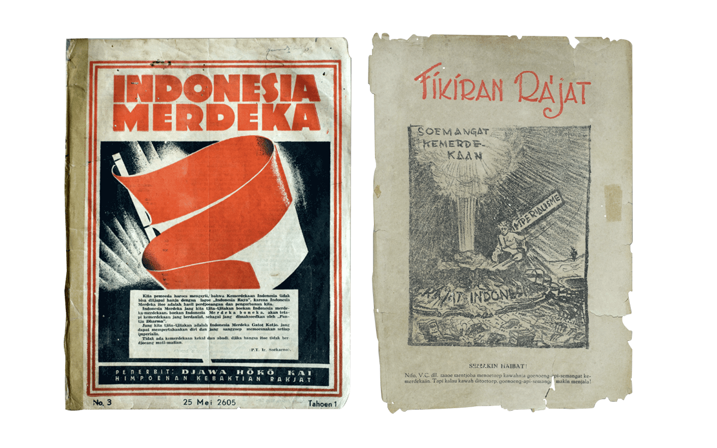 Printed voices of the early Indonesian revolution: Indonesia Merdeka and Fikiran Rajat, where typography, illustration, and language converge as tools of resistance.