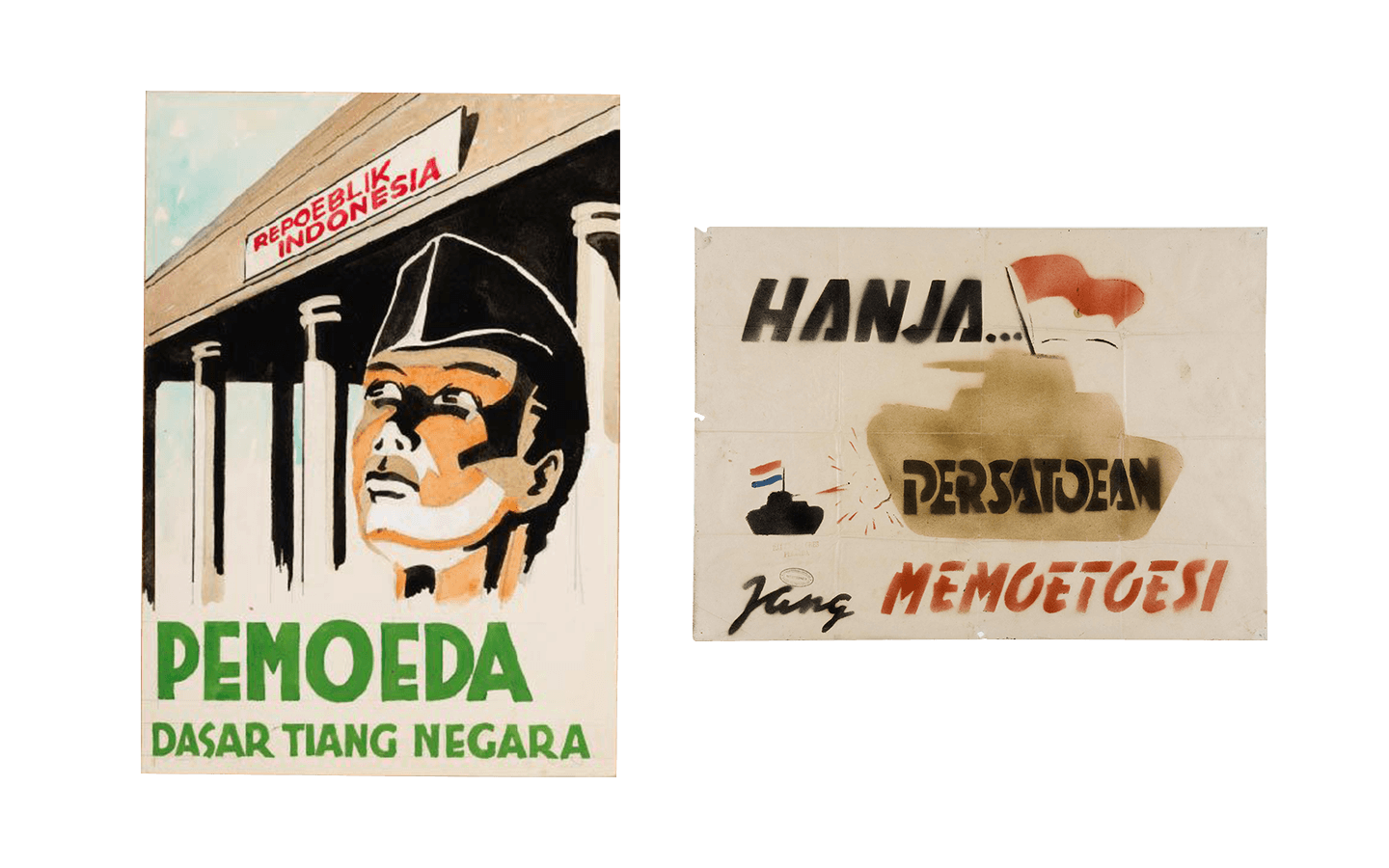 These posters were mostly produced by anonymous artists and revolutionary collectives during the Indonesian Revolution (c. 1945–1949). Created by pemuda groups, people’s militias, and local propaganda units, they prioritised speed and clarity over individual authorship.