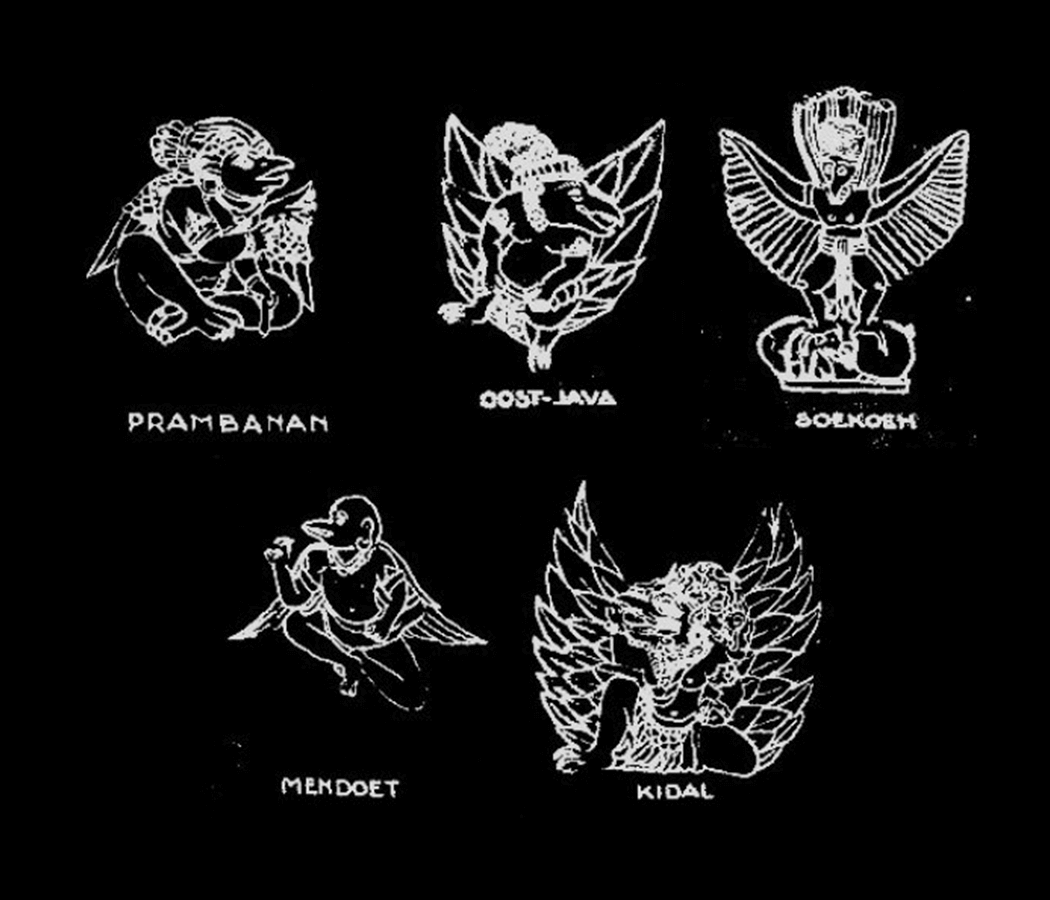These sketches show regional interpretations of the Garuda motif, drawn from temple reliefs and local visual traditions such as Prambanan, Mendut, Kidal, and regions like East Java. Before Garuda Pancasila was standardised in 1950, the Garuda circulated in many forms, shaped by archaeology, mythology, and colonial-era documentation of heritage sites.