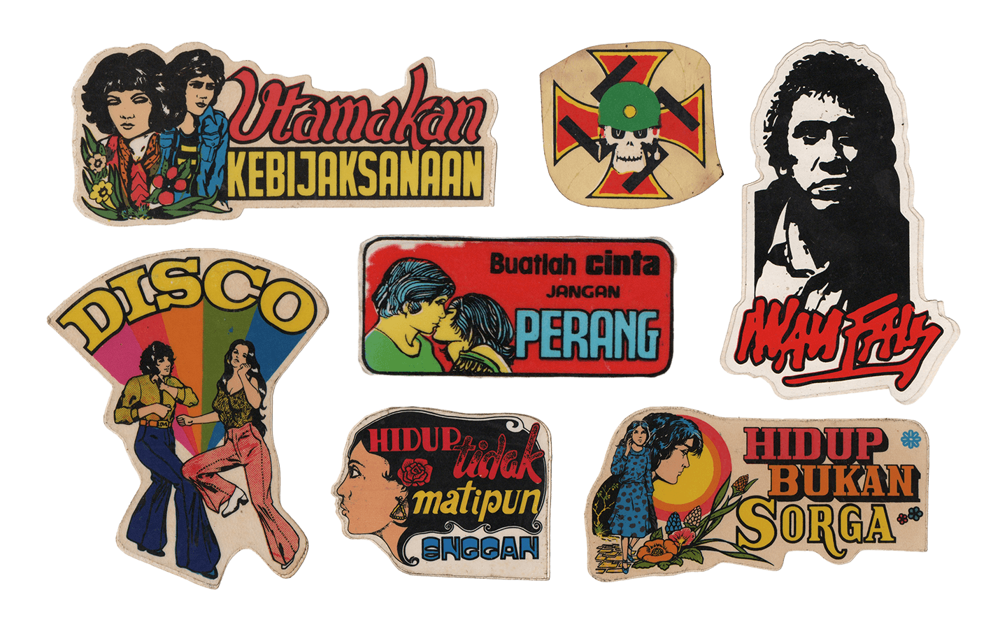 Pop-culture stickers circulating in Indonesian cities. Small, informal, and easy to spread, they appeared on everyday surfaces and became a grassroots form of visual expression, reflecting local humour, shared references, and the changing use of public space. Collection of Grafis Nusantara.