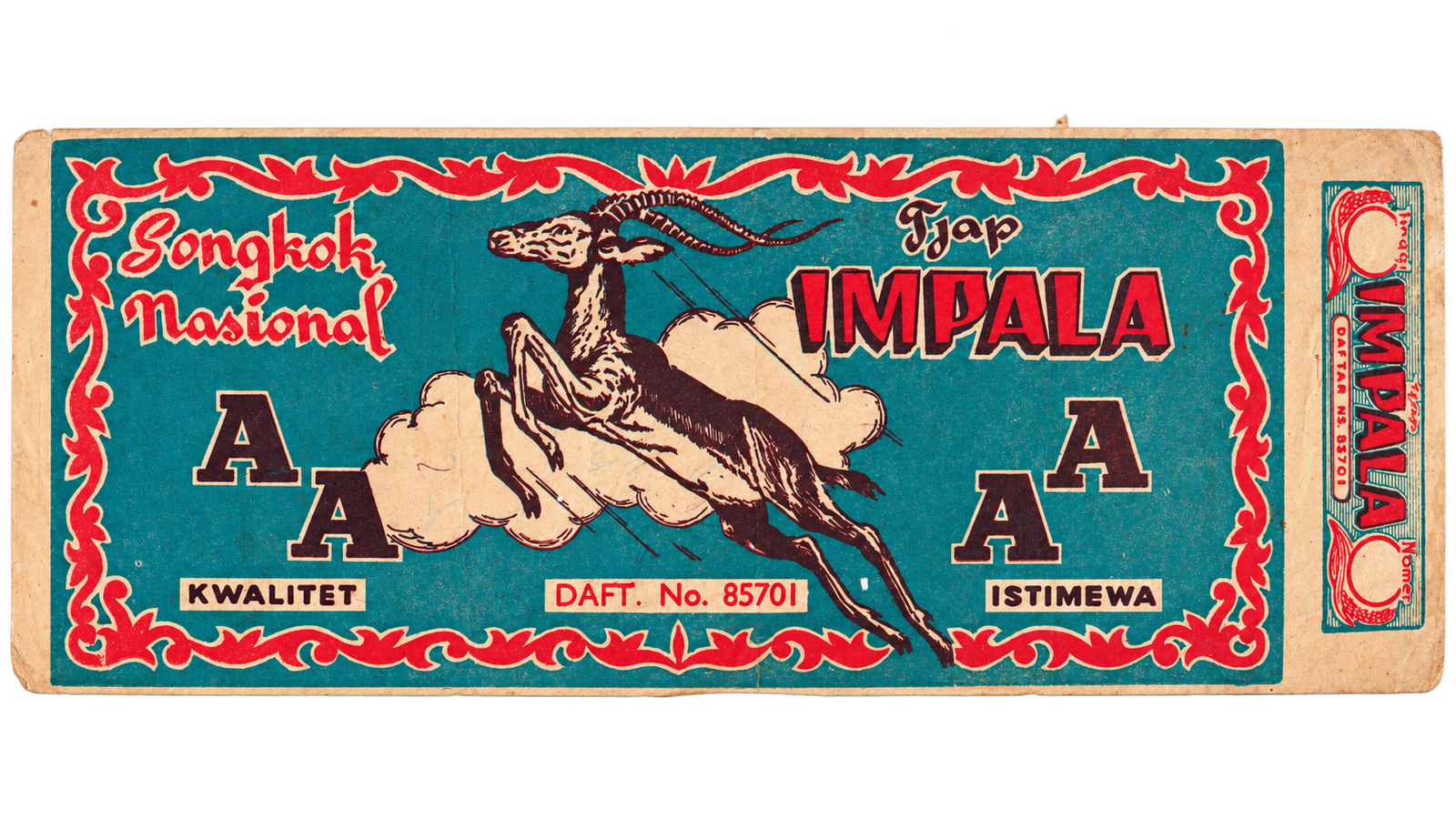 This printed paper label from the Grafis Nusantara Collection features the Songkok Nasional, registered under Daftar No. 85701, with the address Ambari Kemuteran 9/20, Gresik.