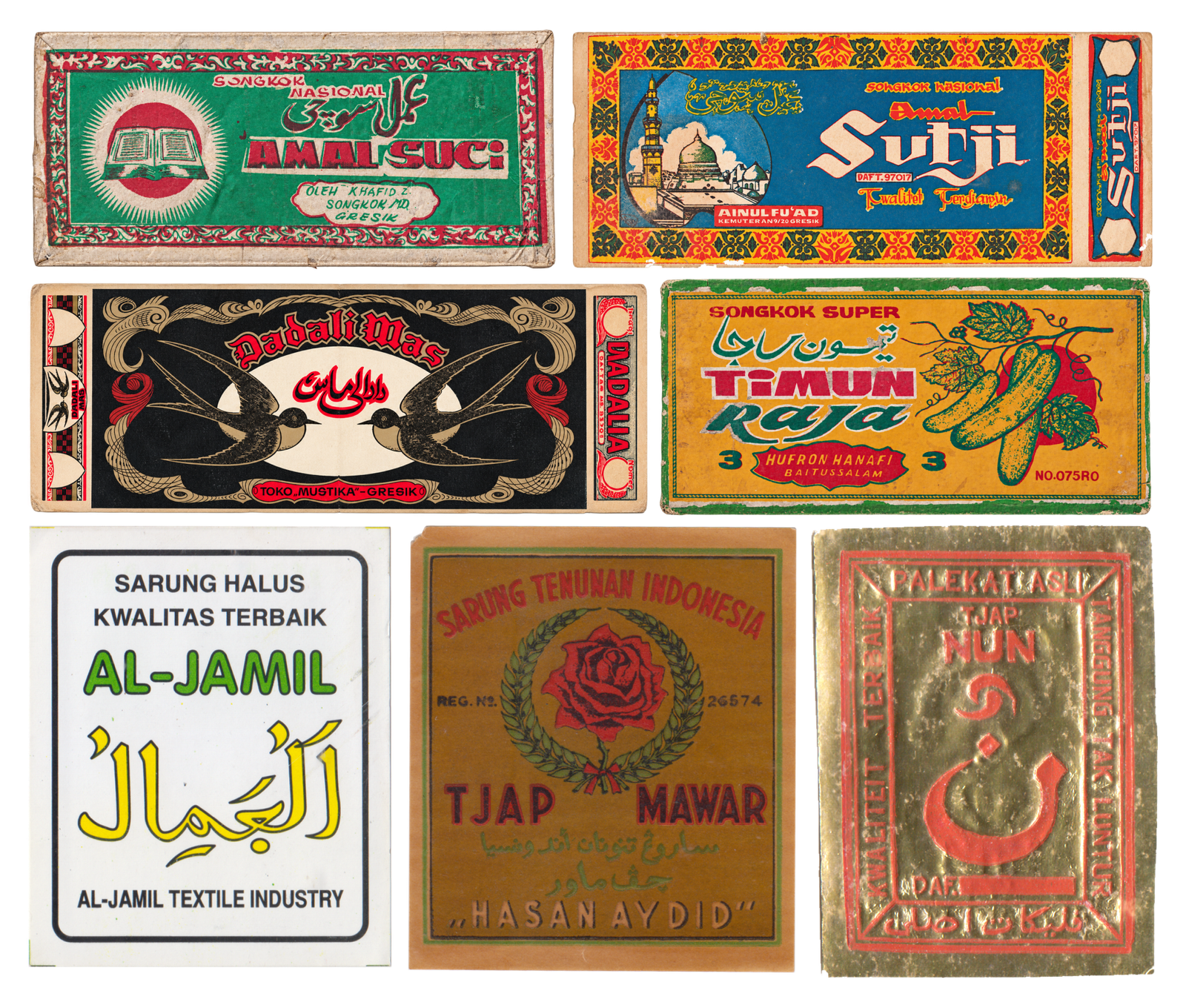 This collection of Indonesian product labels from the Grafis Nusantara Collection showcases songkok and sarung labels, primarily from Gresik, East Java. The labels feature a combination of Latin lettering and Jawi/ Pegon script, highlighting cultural and linguistic heritage. First row: [Fig. 9] Amal Suci (عمل سوچي): A songkok label by Khafid I., Gresik. The open book with radiating light reads as a Qur'an. [Fig. 10] Amal Sutji (عمل سوجي): Songkok Nasional by Ainulfu'ad, with an ornate floral border and a mosque with a green dome, likely the Prophet's Mosque in Medina. 